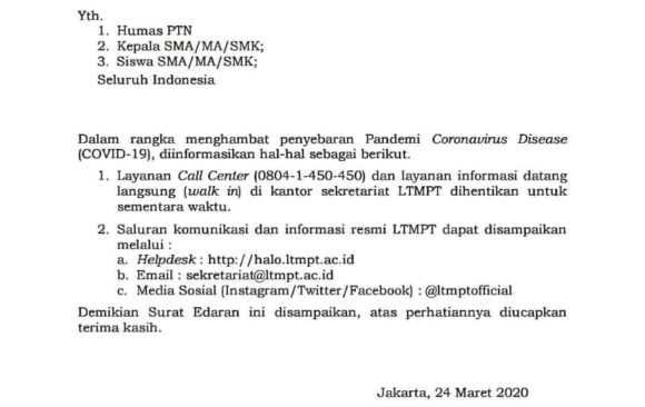 Surat Edaran Tim Pelaksana LTMPT Tentang Saluran Komunikasi dan Informasi LTMPT