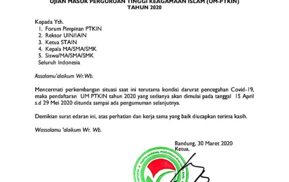 Penundaan Pendaftaran Ujian Masuk Perguruan Tinggi Keagamaan Islam (UM-PTKIN) Tahun 2020