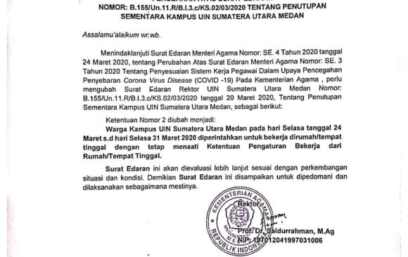 Perubahan Surat Edaran Tentang Penutupan Sementara Kampus UIN SU Medan