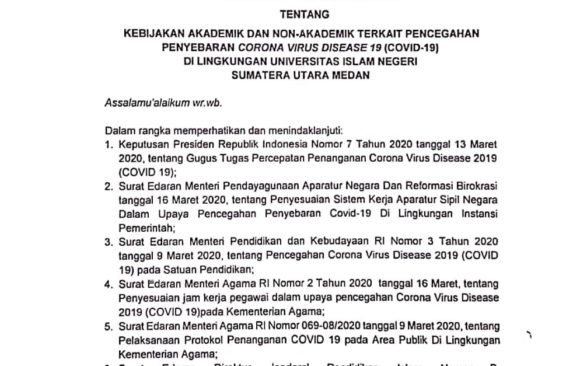 Surat Edaran Rektor Terkait Pencegahan Penyebaran Corona Virus Disease 19 (Covid-19) di Lingkungan UIN SU Medan