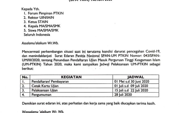 Jadwal Ujian Masuk Perguruan Tinggi Keagamaan Islam (UM-PTKIN) Tahun 2020