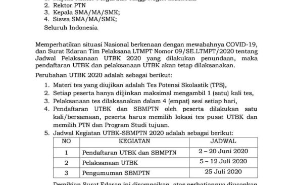 Perubahan Jadwal Pelaksanaan UTBK 2020