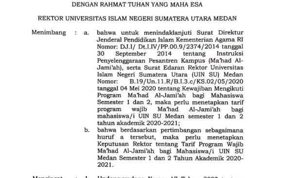 Tarif Program Wajib Ma’had Bagi Mahasiswa UIN SU Medan Tahun AkademiK 2020/2021