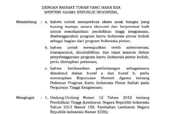 Pedoman Kartu Indonesia Pintar (KIP) Kuliah Pada PTKIN