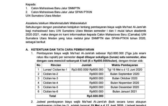 Perubahan Tata Cara Pembayaran Biaya Ma’had Al-Jami’ah (Pesantren Kampus) dan Biaya Uang Kuliah Tunggal (UKT) Calon Mahasiswa Baru UIN SU Medan Jalur SNMPTN dan SPAN PTKIN Tahun 2020