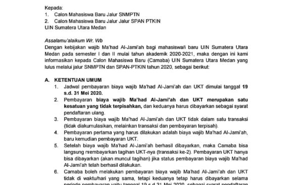 Tata Cara Pembayaran Biaya Ma’had Al-Jami’ah (Pesantren Kampus) dan Biaya Uang Kuliah Tunggal (UKT) Calon Mahasiswa Baru UIN SU Medan Jalur SNMPTN dan SPAN PTKIN Tahun 2020