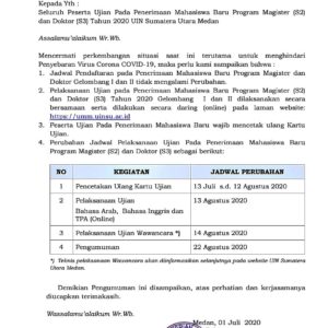 Perubahan Jadwal Ujian Pada Penerimaan Mahasiswa Baru Program Magister (S2) dan Doktor (S3) UIN SU Medan Tahun Akademik 2020-2021