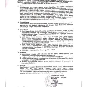 Perubahan Kedua Atas Surat Edaran Nomor   B.25/UN.11.R/B.I.3C/KS.02/06/2020 Tentang Larangan Kuliah Tatap Muka Kegiatan Akademik dan Non-akademik di Lingkungan UIN SU Medan