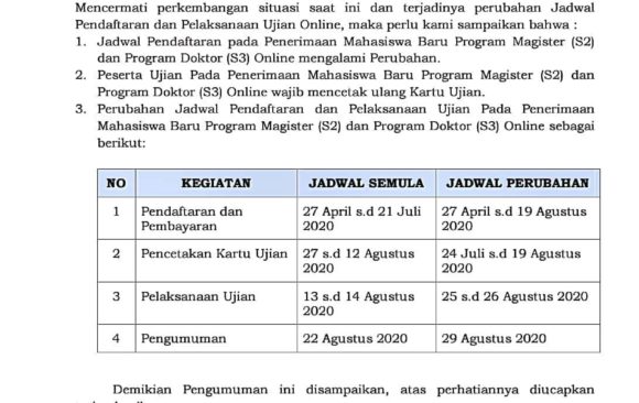 Perubahan Jadwal Pendaftaran dan Pelaksanaan Ujian Pada Penerimaan Mahasiswa Baru Program Magister (S2) dan Program Doktor (S3) Online UIN Sumatera Utara Medan Tahun Akademik 2020-2021