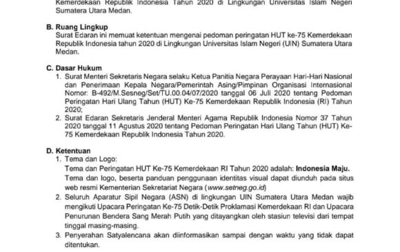 Pedoman Peringatan Hari Ulang Tahun (HUT) Ke-75 Kemerdekaan Republik Indonesia Tahun 2020 di Lingkungan UIN SU Medan