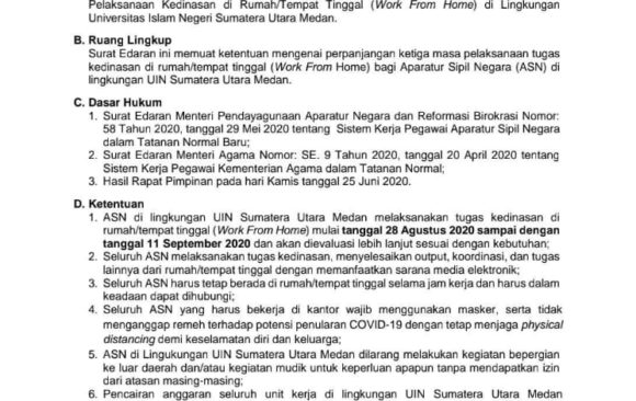 Perpanjangan Ketiga Masa Pelaksanaan Kedinasan di Rumah/Tempat Tinggal (Work From Home) di Lingkungan UIN SU Medan