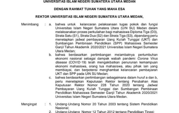 Perubahan Jadwal Pembayaran UKT dan SPP Semester Ganjil Tahun Akademik 2020-2021 UIN SU Medan