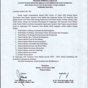 Seleksi Terbuka Jabatan Calon Wakil Rektor,Dekan,dan Direktur Pascasarjana di Lingkungan UIN SU Medan Periode 2020-2024