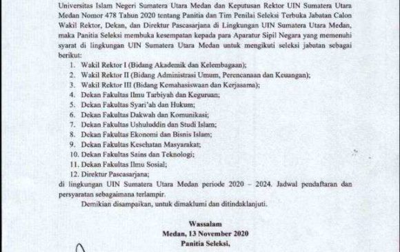 Seleksi Terbuka Jabatan Calon Wakil Rektor,Dekan,dan Direktur Pascasarjana di Lingkungan UIN SU Medan Periode 2020-2024