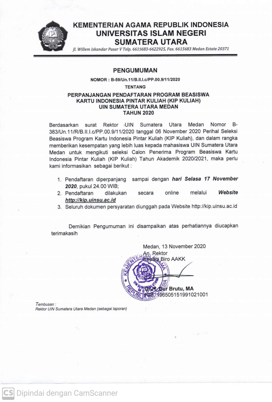 Perpanjangan Pendaftaran Program Beasiswa Kartu Indonesia Pintar Kuliah (KIP Kuliah) UIN SU Medan Tahun 2020