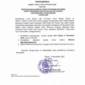 Perpanjangan Pendaftaran Program Beasiswa Kartu Indonesia Pintar Kuliah (KIP Kuliah) UIN SU Medan Tahun 2020