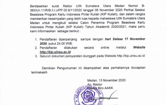 Perpanjangan Pendaftaran Program Beasiswa Kartu Indonesia Pintar Kuliah (KIP Kuliah) UIN SU Medan Tahun 2020