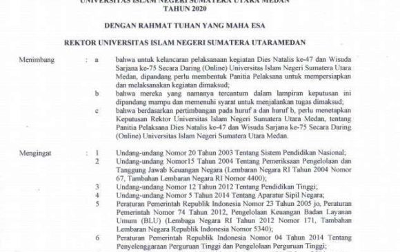 Panitia Pelaksana Dies Natalis Ke-47 dan Wisuda Sarjana Ke-75 Secara Daring UIN SU Tahun 2020