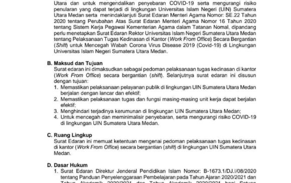 Tentang Pelaksanaan Tugas Kedinasan di Kantor (Work From Office) Secara Bergantian (Shift) Untuk Mencegah Wabah Covid-19 di Lingkungan UIN SU Medan