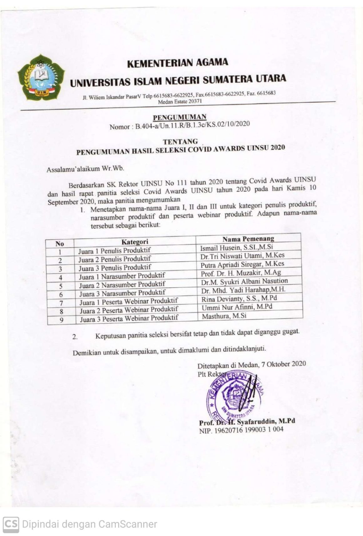 Hasil Seleksi Covid Award UIN Sumut 2020