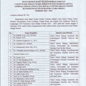 Hasil Seleksi Berkas Jabatan Calon Wakil Dekan,Wakil Direktur Pascasarjana,Ketua Lembaga,Kepala Pusat,dan Kepala Unit Pelaksana Teknis di Lingkungan UIN SUMUT