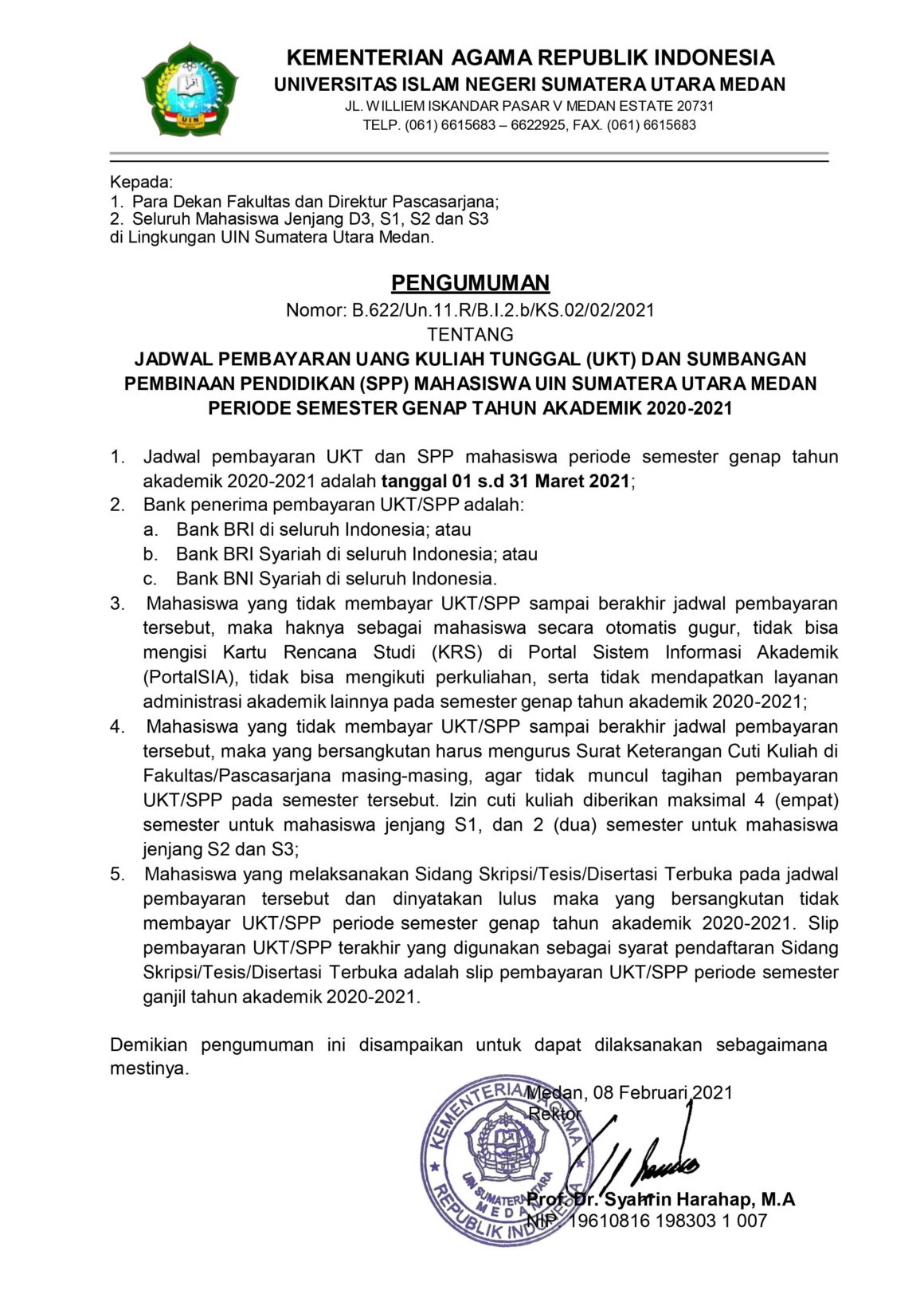 Jadwal Pembayaran UKT dan SPP Semester Genap T.A. 2020-2021