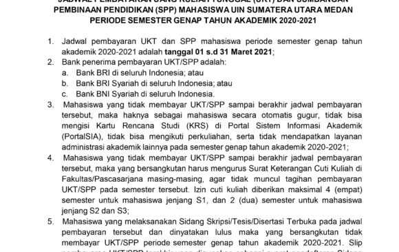 Jadwal Pembayaran UKT dan SPP Semester Genap T.A. 2020-2021