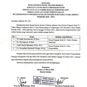 Pengumuman Hasil Seleksi Berkas Jabatan Calon Ketua Program Studi S-1 Tadris Bahasa Indonesia dan S-1 Ilmu Perpustakaan di Lingkungan UIN Sumut Periode 2020-2024