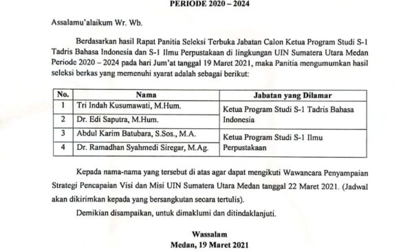 Pengumuman Hasil Seleksi Berkas Jabatan Calon Ketua Program Studi S-1 Tadris Bahasa Indonesia dan S-1 Ilmu Perpustakaan di Lingkungan UIN Sumut Periode 2020-2024