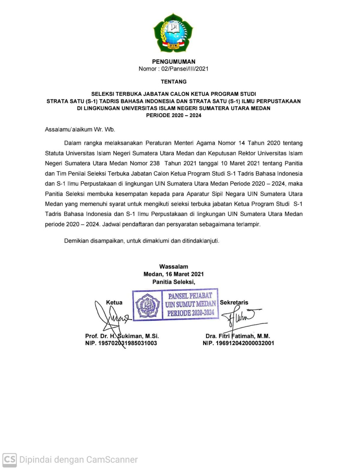 Seleksi Terbuka Jabatan Calon Ketua Program Studi S-1 Tadris Bahasa Indonesia dan S-1 Ilmu Perpustakaan di Lingkungan UIN Sumut