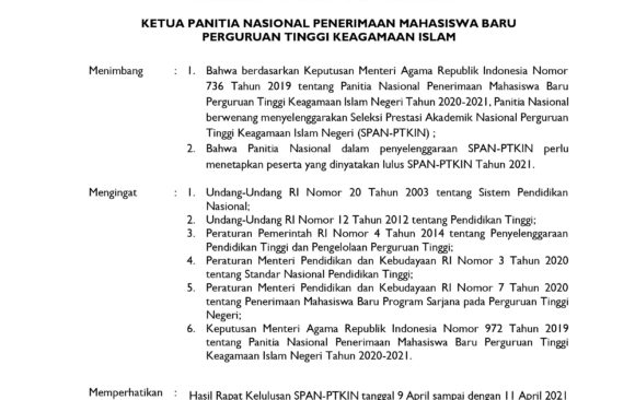 Hasil Seleksi SPAN PTKIN UIN Sumatera Utara 2021