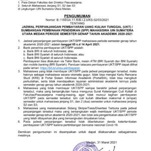 Jadwal Perpanjangan Pembayaran Uang Kuliah Tetap (UKT) / Sumbangan Pembinaan Pendidikan (SPP) Mahasiswa UIN Sumatera Utara Tahun Akademik 2020-2021