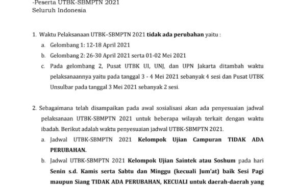 Penyesuaian Waktu dan Pelaksanaan dan jadwal UTBK-SBMPTN Tahun 2021