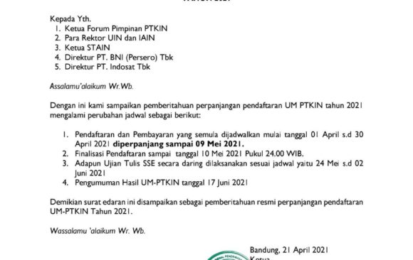 Perpanjangan Jadwal Pendaftaran Ujian Masuk Perguruan Tinggi Keagamaan Islam Negeri  (UM-PTKIN) Tahun 2021