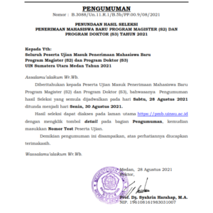 PENUNDAAN HASIL SELEKSI  PENERIMAAN MAHASISWA BARU PROGRAM MAGISTER (S2) DAN  PROGRAM DOKTOR (S3) TAHUN 2021