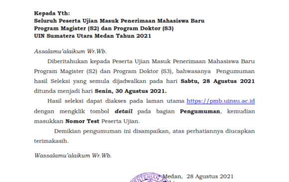 PENUNDAAN HASIL SELEKSI  PENERIMAAN MAHASISWA BARU PROGRAM MAGISTER (S2) DAN  PROGRAM DOKTOR (S3) TAHUN 2021