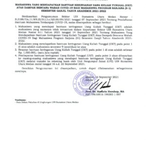 Pengumuman Mahasiswa Yang Mendapat Bantuan Keringanan UKT Atas Dampak Bencana Covid-19 Bagi Mahasiswa Sarjana (S-1) Semester Ganjil Tahun Akademik 2021-2022