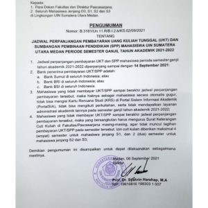 Jadwal Perpanjangan Pembayaran Uang Kuliah Tunggal (UKT) dan Sumbangan Pembinaan Pendidikan (SPP) Mahasiswa UIN Sumatera Utara Medan Periode Semester Ganjil Tahun Akademik 2021-2022