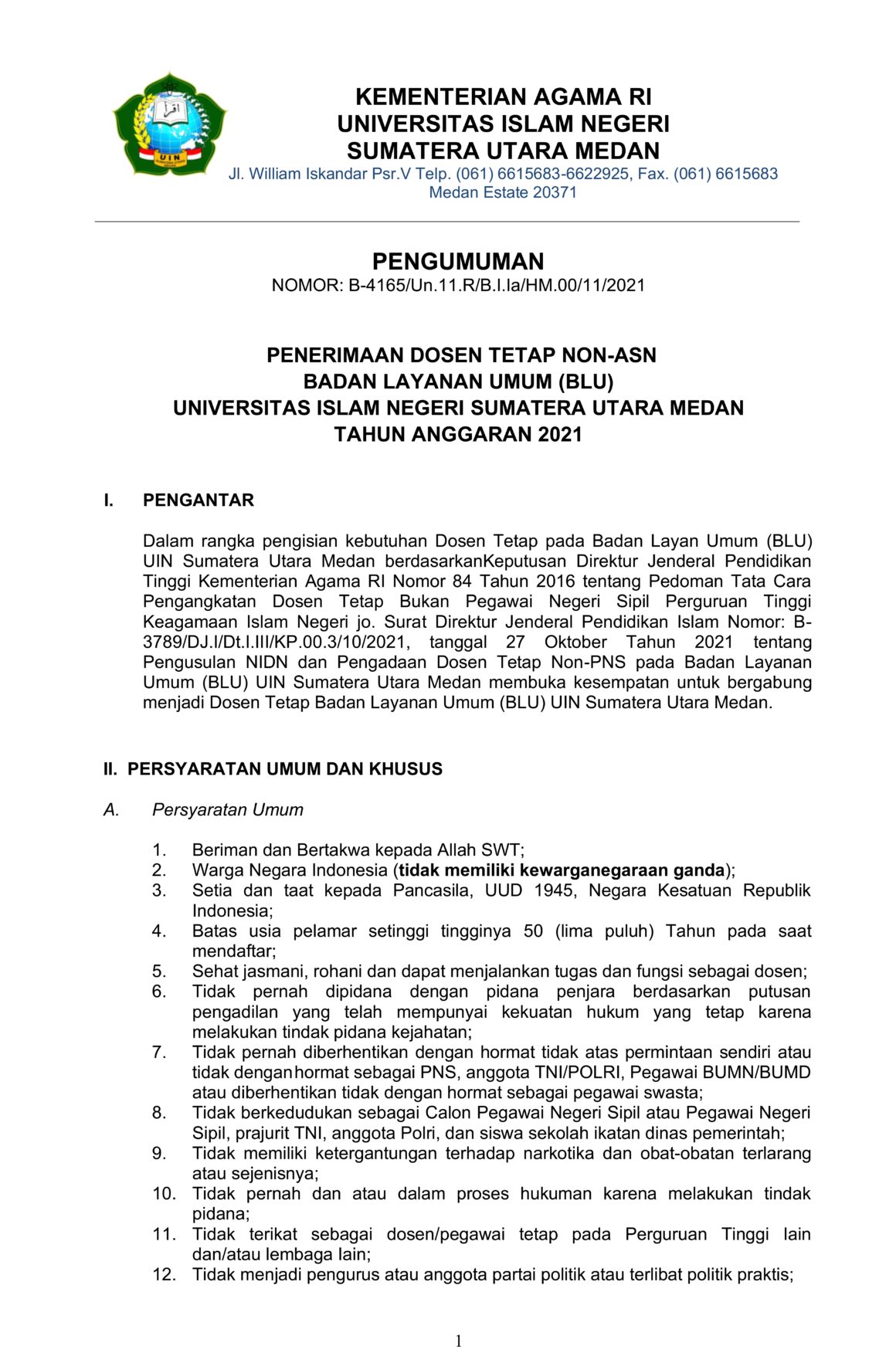 Penerimaan Dosen Tetap Non-ASN Badan Layanan Umum (BLU) UIN Sumatera Utara Medan Tahun Anggaran 2021