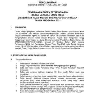 Penerimaan Dosen Tetap Non-ASN Badan Layanan Umum (BLU) UIN Sumatera Utara Medan Tahun Anggaran 2021