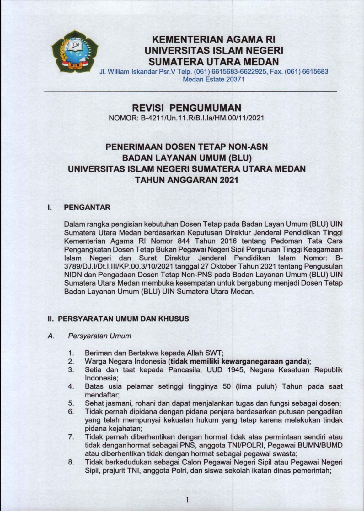 Revisi Penerimaan Dosen Tetap Non-ASN Badan Layanan Umum (BLU) UIN Sumatera Utara Medan Tahun Anggaran 2021
