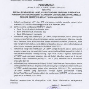 Jadwal Pembayaran Uang Kuliah Tunggal (UKT) dan Sumbangan Pembinaan Pendidikan (SPP) Mahasiswa UIN Sumatera Utara Medan Periode Semester Genap Tahun Akademik 2021-2022